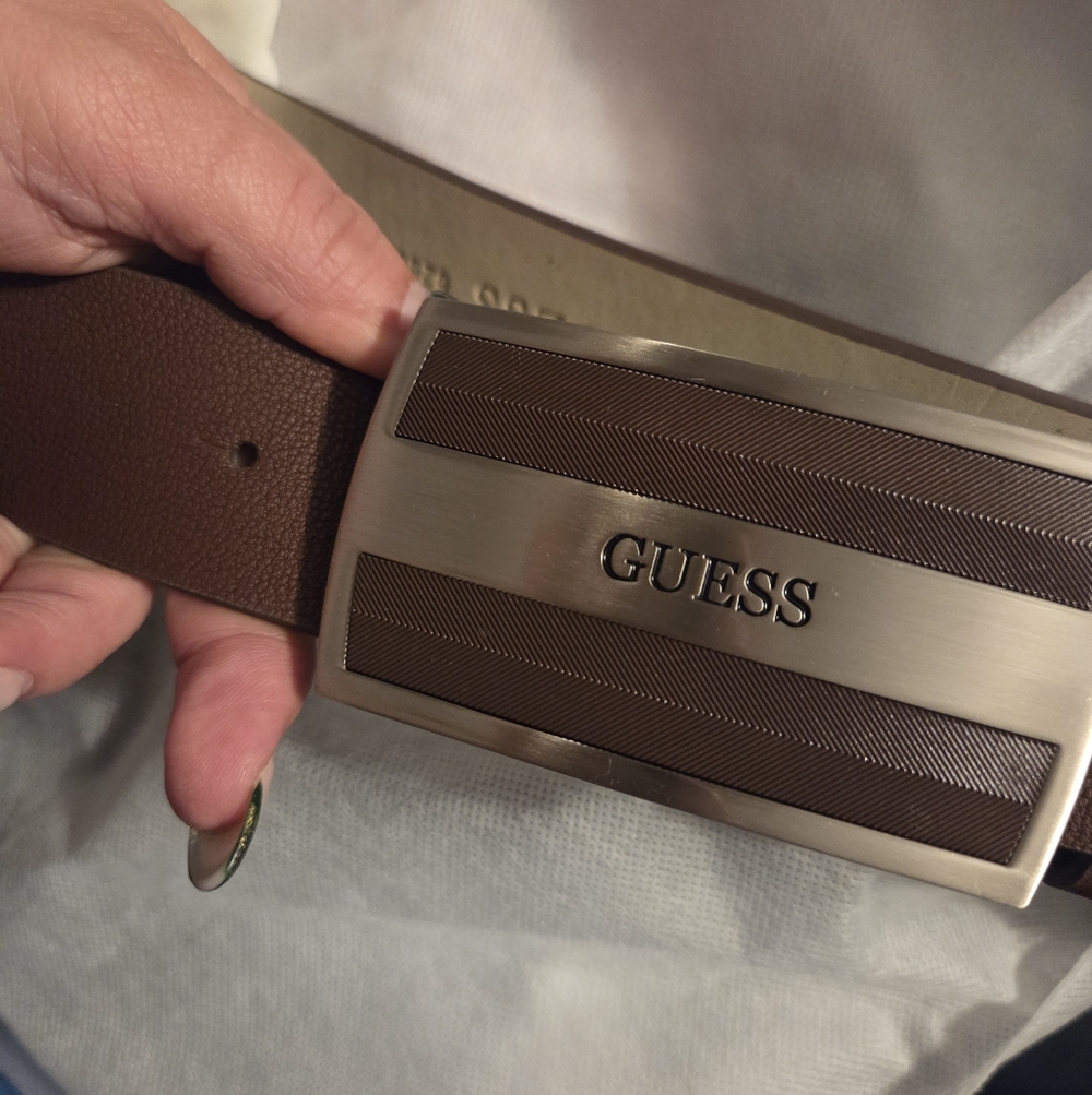 Guess Brown Leather Belt with Silver Buckle
